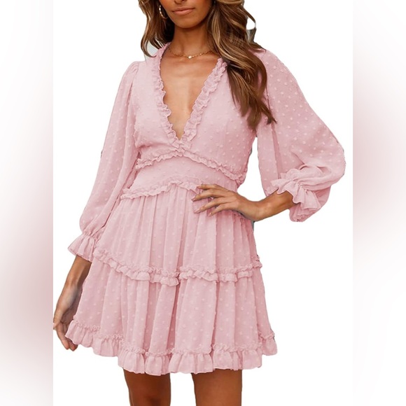 Swiss Dot Frill Trim Flounce Sleeve V Neck Dress
